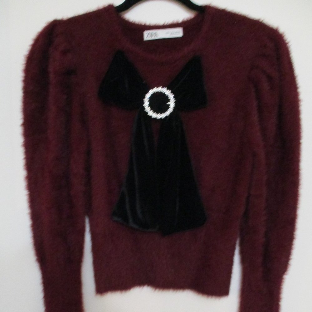 Zara Maroon Sweater with Black Velvet Accent Bow and Faux Rhinestone Buckle S